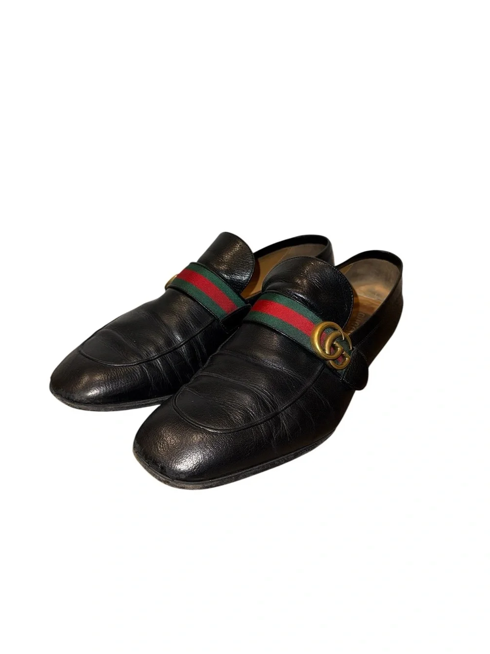 Gucci Men's Donnie Black Leather Web Loafers Double G Hardware EU 12 US 13 Used